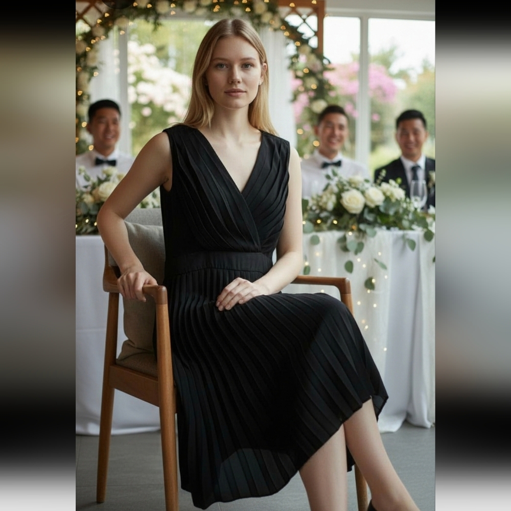 🫦Elle Black Midi Cocktail Dress with Pleats